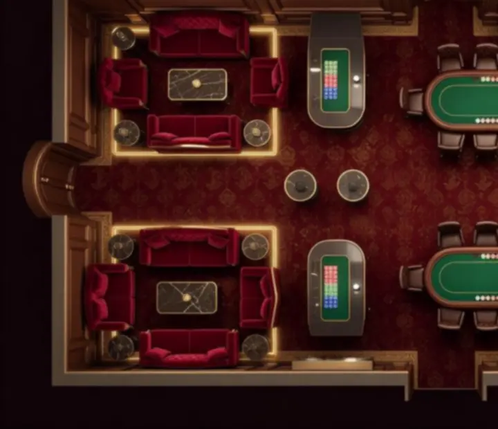 Illustrated seating map of the Lantern & Luck poker room with table groupings and lounge zones