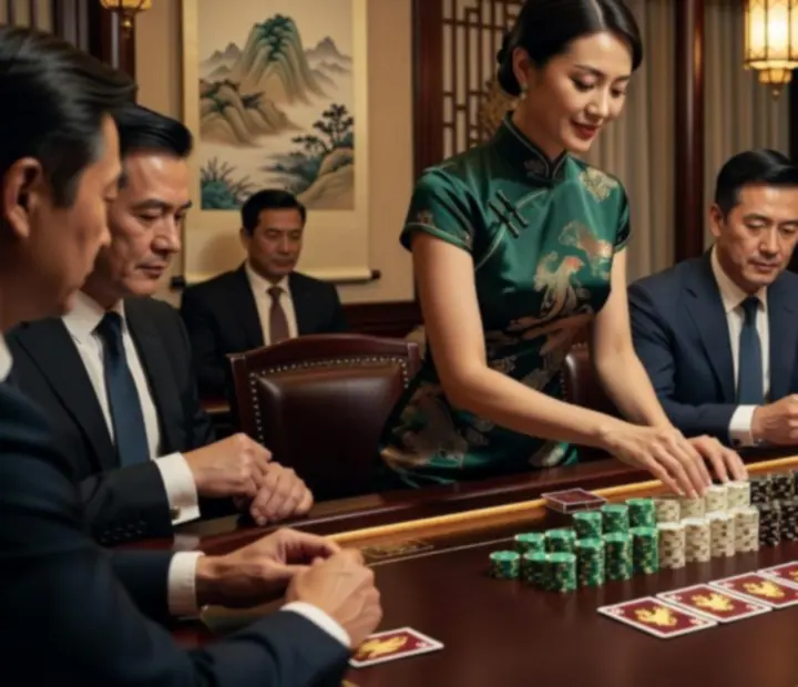 Guests seated at a poker table during a calm chip strategy session with ceramic chips