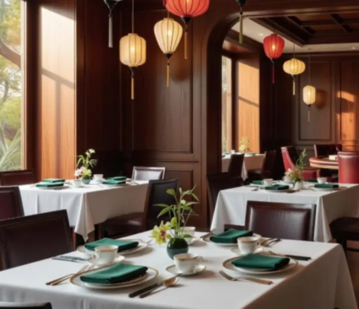 Sunlit Asian fusion lounge with paper lanterns and poker tables prepared for an offline card salon