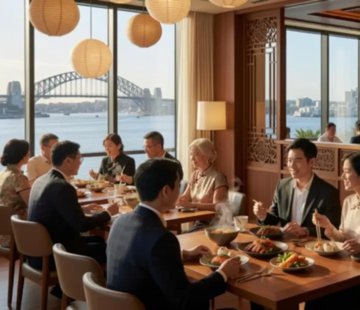 Sunlit Asian fusion dining room at Lantern & Luck with paper lanterns and a view into the card room