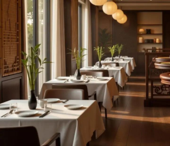 Sunlit Asian fusion dining room with paper lanterns and a wooden poker card room in the background at Lantern & Luck