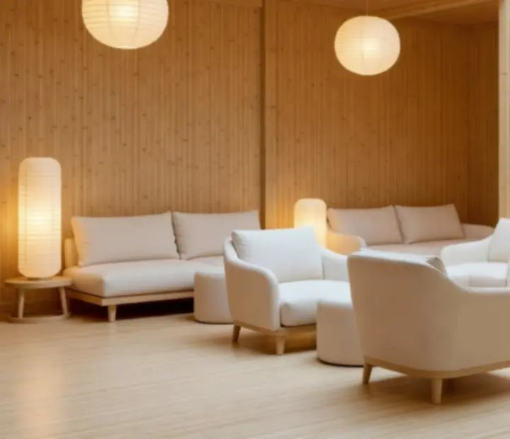Serene lounge at Lantern & Luck with bamboo accents, soft ivory lighting, and paper lanterns