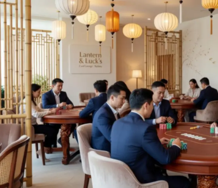 Sunlit oriental card lounge with paper lanterns and bespoke poker tables