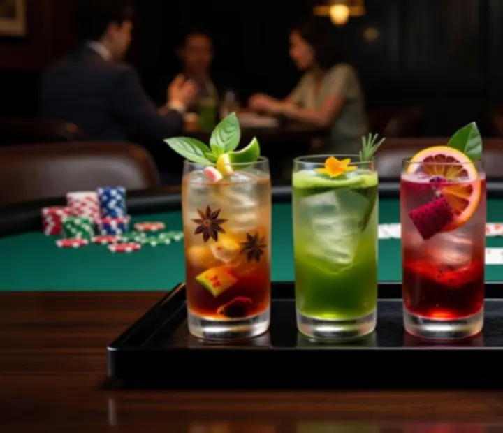 Signature cocktails and tea service arranged in the Lantern & Luck lounge