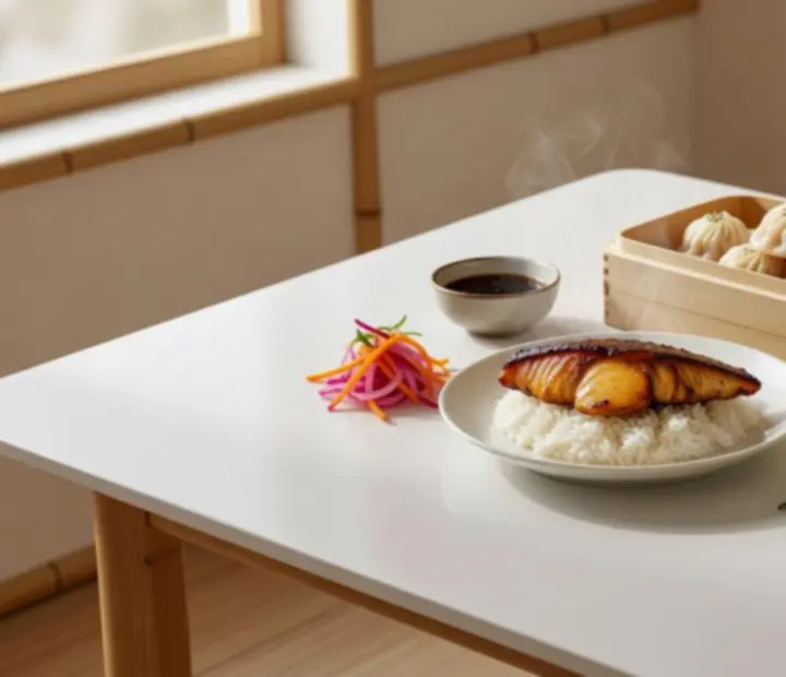 Lantern & Luck's pan-Asian fusion dishes arranged on a table beside poker chips and cards