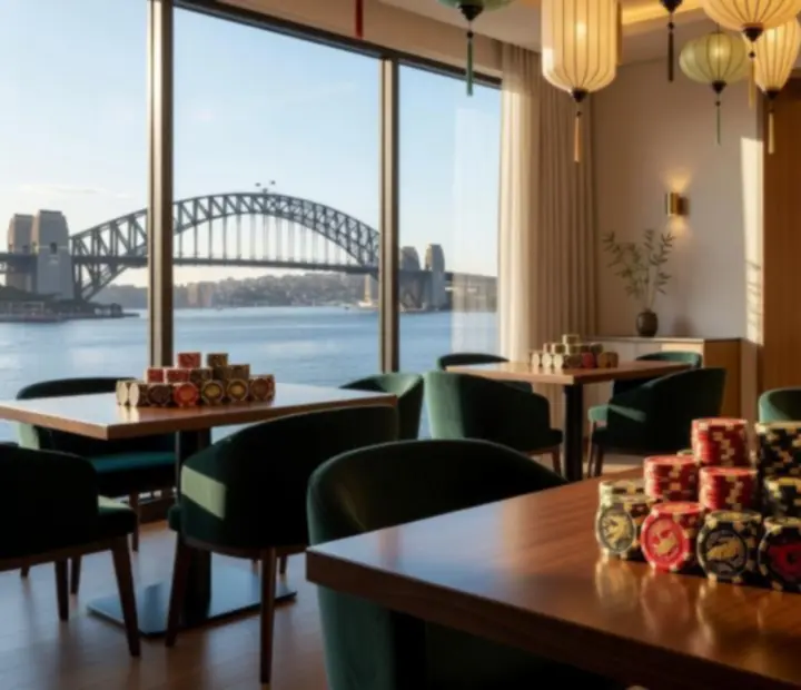 Sunlit oriental card lounge with paper lanterns and bespoke wooden poker tables
