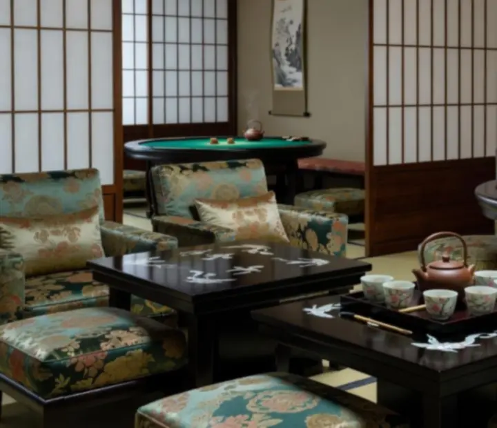 Oriental card lounge at Lantern & Luck with bespoke poker tables and tranquil seating areas