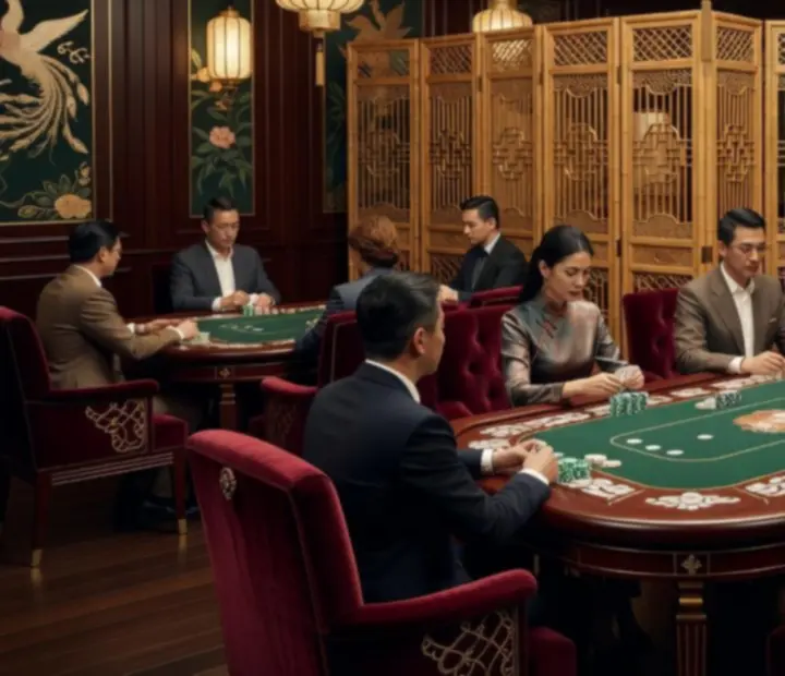 Lantern & Luck's oriental card lounge with illuminated poker tables and ceramic chips