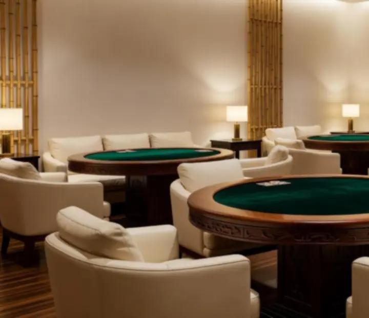 Poker room ambience with bamboo-inspired decor and plush seating around poker tables