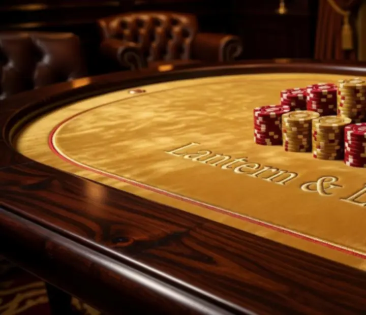 Detail of bespoke poker table with imperial gold felt at Lantern & Luck