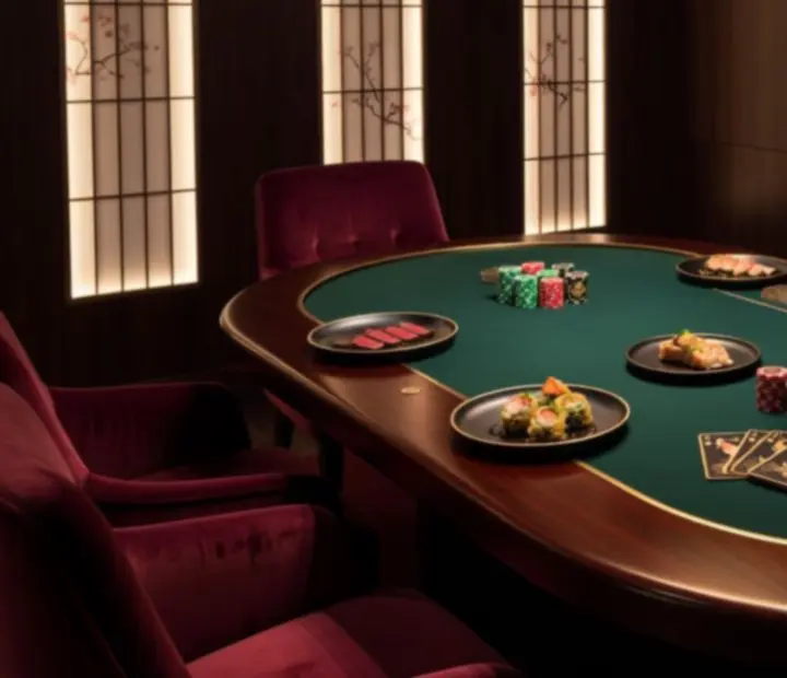 Private poker table surrounded by Asian fusion dishes and ceramic chip stacks