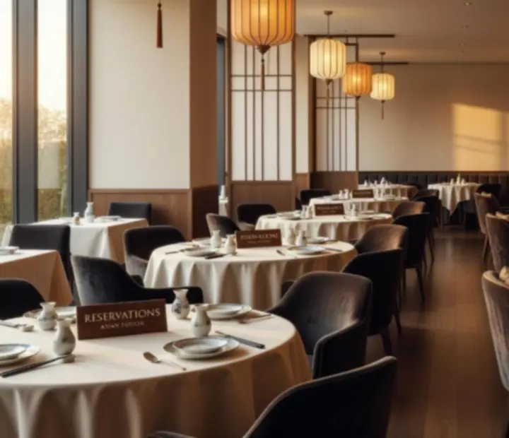 Sunlit Asian fusion dining room leading into an intimate poker lounge with bespoke tables