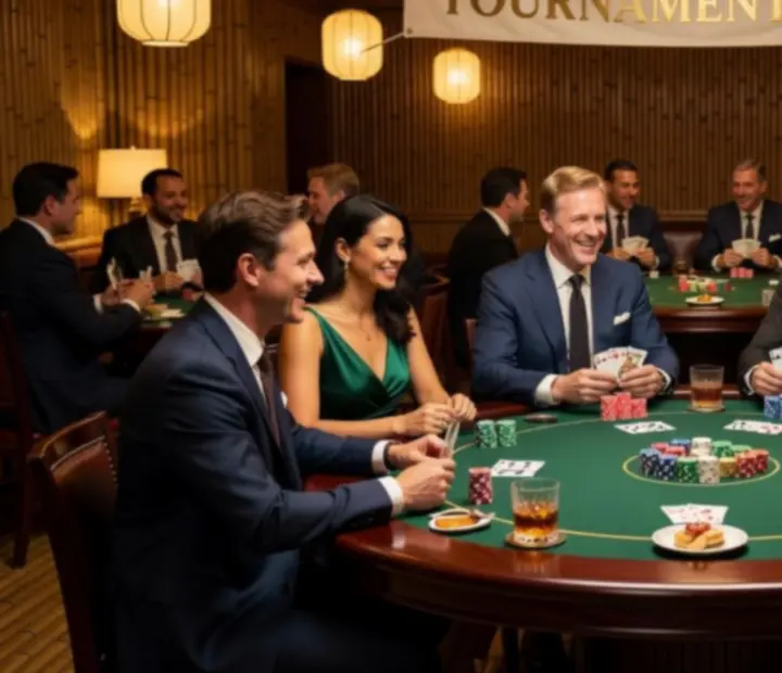 Team seated around bespoke poker table stacking ceramic chips in a lounge setting